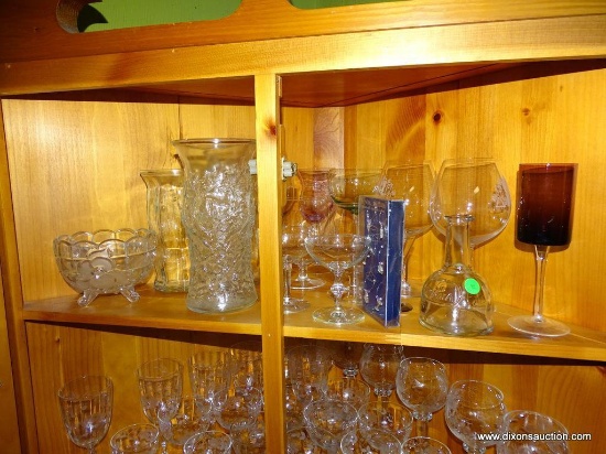 (KIT) CONTENTS OF TOP SHELF OF CORNER CABINET: 3 VASES. CRYSTAL FLORAL FOOTED BOWL. 4 MISC. COLORED