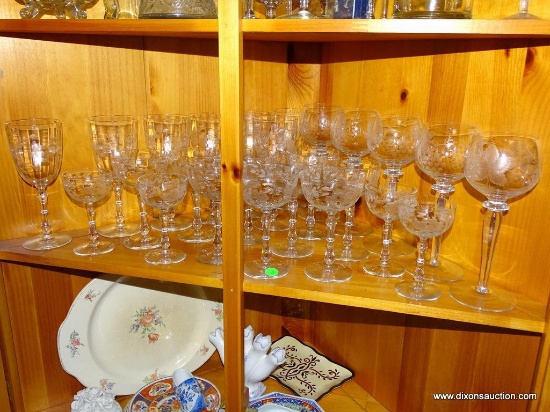 (DR) SHELF LOT OF 25 PIECES OF ETCHED STEMWARE: 7 RED WINE GLASSES. 5 WHITE WINE GLASSES. 9 SHERRY