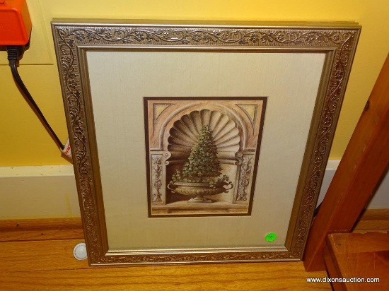 (DR) FRAMED AND DOUBLE MATTED ARCHITECTURAL PRINT IN SILVER FLORAL EMBOSSED FRAME: 14.5"x16.5"