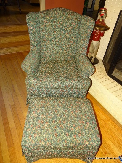 (FR) TAPESTRY FLORAL UPHOLSTERED CHAIR AND OTTOMAN. CHAIR: 33"x31"x41.5". OTTOMAN: 25"x19"x13". VERY