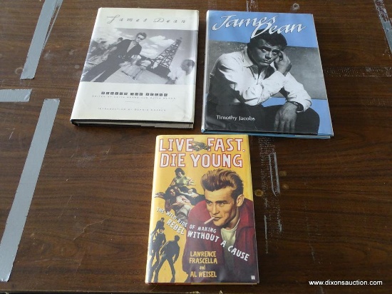 LOT OF 3 HARDBACK JAMES DEAN BOOKS. INCLUDES JAMES DEAN BY TIMOTHY JACOBS, JAMES DEAN BEHIND THE