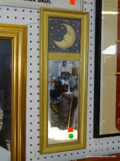 (WALL) SMALL MIRROR IN GOLD TONED FRAME WITH PRINT OF A CRESCENT MOON AT THE TOP: 7"x19.25"