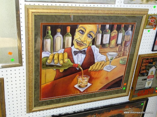 (WALL) FRAMED AND DOUBLE MATTED SIGNED OIL ON CANVAS OF A BARTENDER POURING A DRINK. SIGNED RAFUSE: