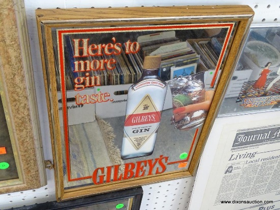 (WALL) GILBERT'S MIRRORED BACK GIN ADVERTISING SIGN. IN WOODEN FRAME: 13"x17"