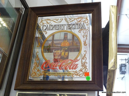(WALL) CALVERT EXTRA AND COCA COLA MIRRORED BACK ADVERTISING SIGN. IN WOODEN FRAME: 15.75"x18.5"
