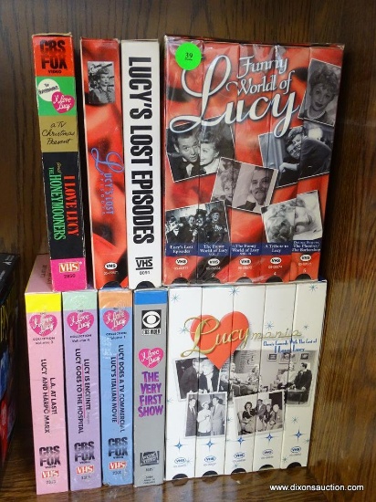 (WOOD SHELVES) LOT OF "I LOVE LUCY" VHS TAPES: FUNNY WORLD OF LUCY COLLECTIBLE SET. LUCY MANIA