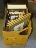 (TABLES) BOX LOT OF PICTURE FRAMES OF VARIOUS SIZES. SOME WITH PRINTS.