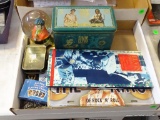 (TABLES) TRAY LOT OF MISC. ELVIS RELATED ITEMS: SNOWGLOBE. COLLECTIBLE TIN WITH COLLECTIBLE CARDS