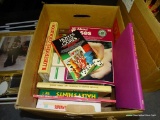 (TABLES) BOX LOT OF BOOKS: MAINLY COOKBOOKS. BOOK ON GAME RULES. ETC.