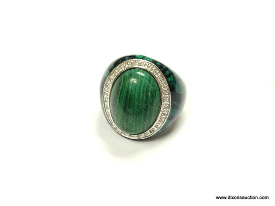 .925 STERLING SILVER UNISEX 12CT MALACHITE GEMSTONE RING SIZE 6.5