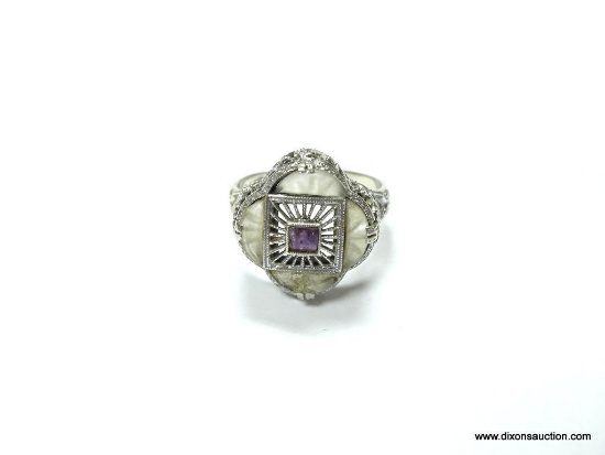 14K WHITE GOLD VINTAGE FILIGREE AMETHYST ART DECO RING SIZE 6. 3.6 GRAMS