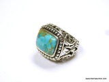 .925 STERLING SILVER UNISEX TURQUOISE FILIGREE DESIGN RING SIZE 7. 14.5 GRAMS