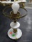 (ROW 2) MILK GLASS OIL LAMP CONVERTED TO ELECTRIC. DOES NOT HAVE SHADE: 7.25