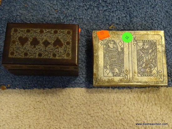 (ROW 1) 2 PLAYING CARD HOLDERS: 1 IS MAHOGANY. 1 IS SILVER PLATE.
