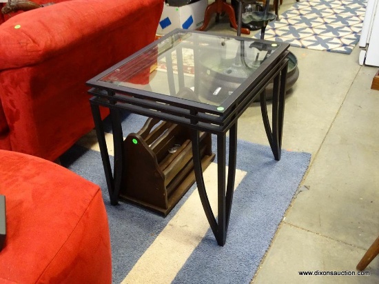 (ROW 1) PAIR OF MODERN METAL AND GLASS TOP END TABLES: 20"x23.5"x21.5". DELIVERY IS AVAILABLE FOR UP