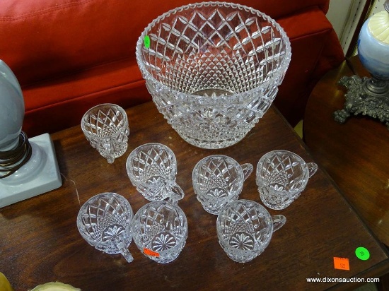 (ROW 1) LEAD CRYSTAL PUNCH BOWL AND 7 LEAD CRYSTAL PUNCH CUPS IN DIAMOND PATTERN: 9"x7"