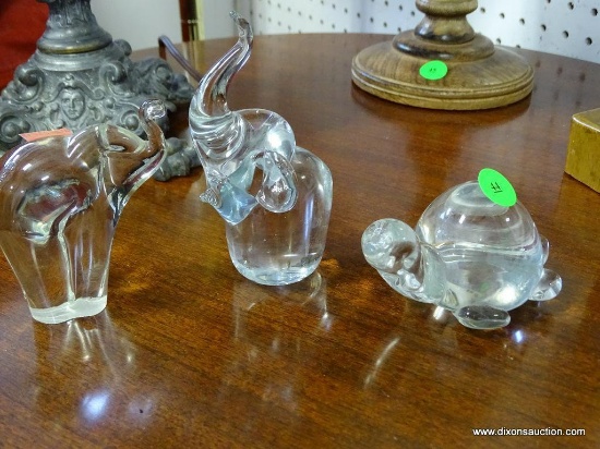 (ROW 1) 3 GLASS ANIMALS: 2 ELEPHANTS AND A TURTLE