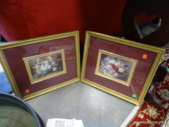 (ROW 1) PAIR OF FRAMED AND MATTED FLORAL STILL LIFE PRINTS IN GOLD TONED FRAMES: 15.5"x14"