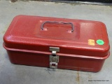 (ROW 1) SMALL RED TOOL BOX CONTAINING A MULTI-BAND RADIO AND ACCESSORIES.