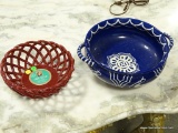(ROW 2) THE PIONEER WOMAN PORCELAIN BREAD BASKET AND A 2 HANDLED BLUE AND WHITE CONSOLE BOWL WITH