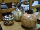 (ROW 2) 3 PIECES OF ART POTTERY: LIDDED DISH. 2 VASES.