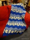 (ROW 2) CROCHETED AFGHAN IN BLUE AND WHITE