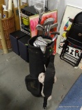 (ROW 2) MEN'S GOLF BAG WITH CLUBS: 3 DRIVERS (1 ALDILA. 2 HARRISON). 9 SPALDING WEDGES. PUTTER.