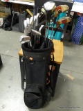 (ROW 2) WILSON MEN'S GOLF BAG WITH CLUBS: WILSON WOODEN DRIVER. FRED HAWKINS DRIVER. SPALDING WOODEN
