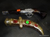 (ROW 2) 2 AVON BOTTLES WITH CONTENTS: 1 OF A FLINT LOCK PISTOL AND 1 OF A PERSIAN STYLE DAGGER