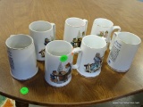 (ROW 2) 7 PAINTED NORMAN ROCKWELL MUGS: THE COBBLER. BRAVING THE STORM. FOR A GOOD BOY. ETC.