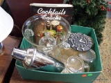(ROW 3) BOX LOT: COCKTAILS AND SNACKS RECIPE BOOK. COCKTAIL SHAKER. SHOT GLASSES. NO DRINKING BEFORE