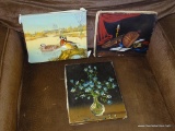 (ROW 3) 3 UNFRAMED SIGNED OIL ON CANVAS PAINTINGS: 1 STILL LIFE OF FLOWERS SIGNED E. CARLOS. 1 OF