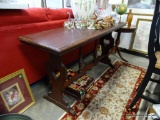 (ROW 1) MAHOGANY STRETCHER BASE CONSOLE/SOFA TABLE WITH HEART SHAPED CUTOUTS ON EITHER SIDE: