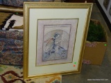 (ROW 3) FRAMED AND DOUBLE MATTED PRINT OF AN ANGEL WITH FLOWERS. IN GOLD TONED FRAME: 25.5