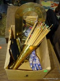 (ROW 3) BOX LOT: BRASS BELL. BRASS MATCH HOLDER WITH MATCHES. CRESCENT MOON MIRROR. 3 RING MODELS.