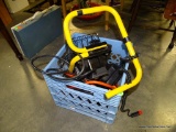 (ROW 3) MILK CRATE WITH BUNGEE CORDS, JUMPER CABLES, AND A SHOP LIGHT
