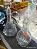 (TABLES) CRYSTAL FLORAL ETCHED OIL JUG WITH STOPPER AND A 4 SECTIONED OIL/VINEGAR DECANTER (MISSING