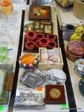 (TABLES) MISC. LOT: CHINESE STYLE PIN CUSHION. ASHTRAYS. BRASS CRAB. 8 THREADED NAPKIN RINGS. ETC.