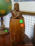 (ROW 1) VINTAGE NAKED MAN IN BARREL CARVED WOODEN SCULPTURE. LIFT THE BARREL FOR THE FULL MONTY!