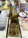 (TABLES) LOT OF BRASS ITEMS: TREBLE CLEF MUSIC STAND STYLE DECORATIVE ITEM. BRASS JUG MADE IN
