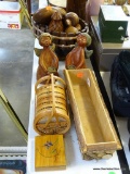 (TABLES) LOT OF MISC. WOODEN ITEMS: PAIR OF WOODEN ANGELS. WOODEN BOWL WITH WOOD CARVED FRUIT.