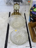(TABLES) MISC. LOT: 3 PRESSED GLASS BOWLS AND A KUNDE CLOCK MISSING THE DOME.