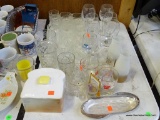 (TABLES) LOT OF MISC.: 14 PUNCH CUPS (1 NON-MATCHING). FOSTORIA VASE. RED WINE GLASSES. HIGHBALL
