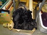 (TABLES) BOX LOT OF HALLOWEEN RELATED ITEMS: CHAIN WITH PADLOCK DECORATION. DARK CLOAK WITH HOOD.