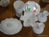 (ROW 1) LOT OF MILK GLASS: RUFFLED EDGE TOP HAT STYLE VASE. PAIR OF HOBNAIL CANDLESTICKS. GRADUATED