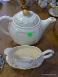 (ROW 1) PORCELIER TEAPOT WITH PEAR FINIAL AND CROOKSVILLE CHINA GRAVY BOAT.
