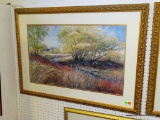 (ROW 1) FRAMED, DOUBLE MATTED, AND SIGNED PRINT OF A LANDSCAPE. IN GOLD TONED FRAME: 41