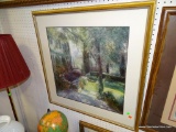 (ROW 1) FRAMED AND DOUBLE MATTED PRINT OF A GARDEN SCENE IN GOLD TONED FRAME: 33
