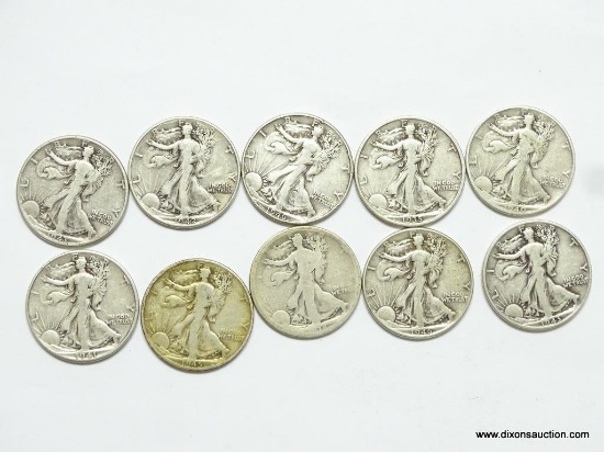 10 WALKING LIBERTY HALF DOLLARS WITH ASSORTED DATES.90% SILVER. HAS A TOTAL FACE VALUE OF $5.00