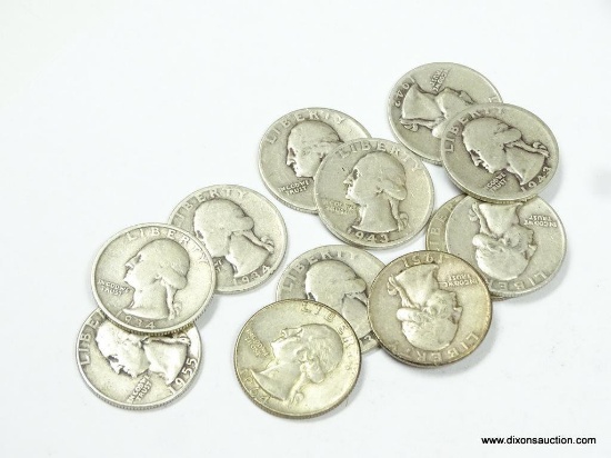 LOT OF 12 WASHINGTON QUARTERS WITH ASSORTED DATES. 90% SILVER. BAG HAS A TOTAL FACE VALUE OF $3.00